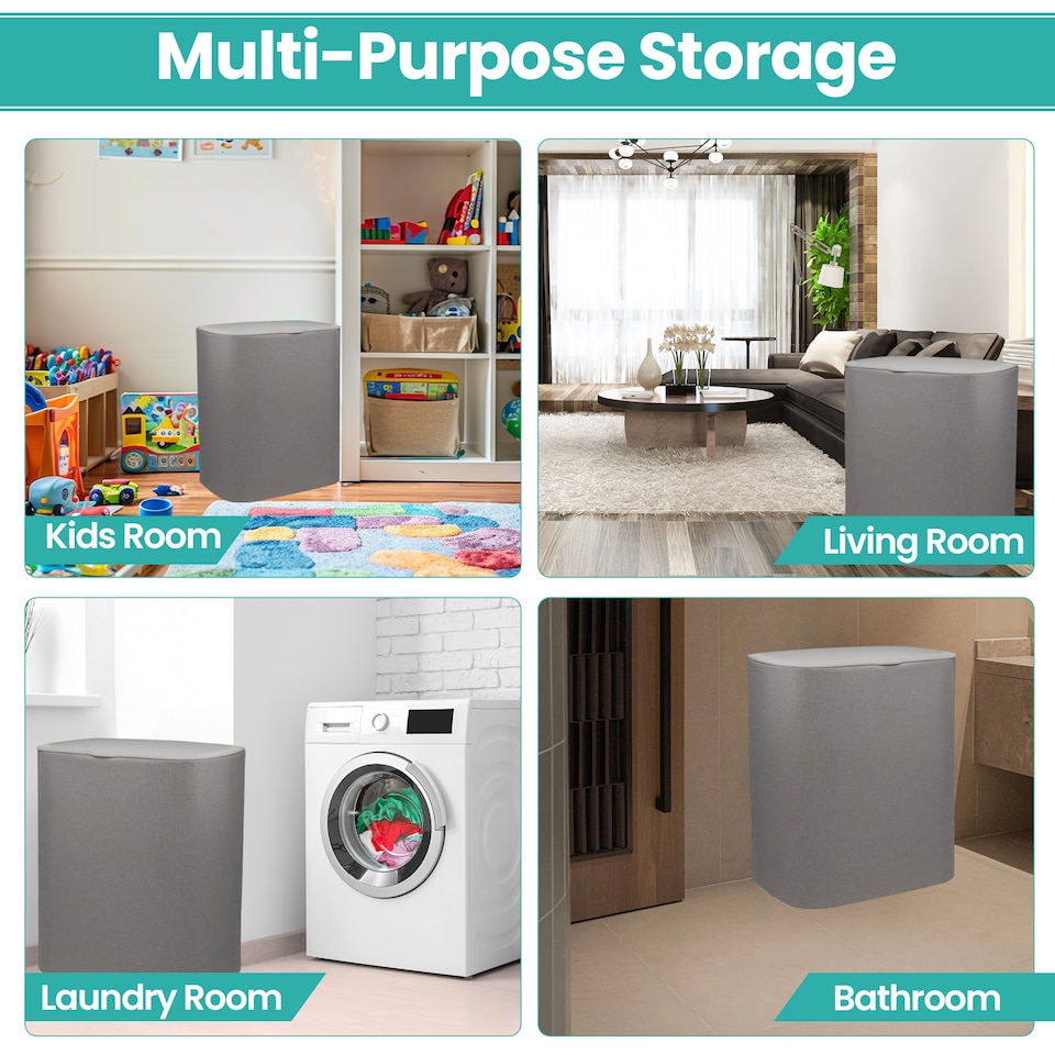 image 1 of 90L Laundry Basket with Lid & 2 Removable Bags, Washing Bin with Plastic Frame