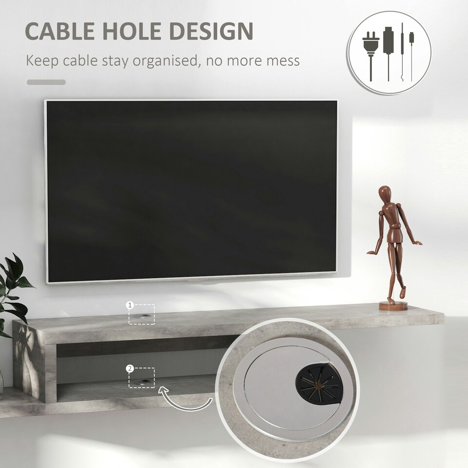 image 1 of HOMCOM Wall Mounted Media Console, Floating TV Stand Component Shelf, Grey