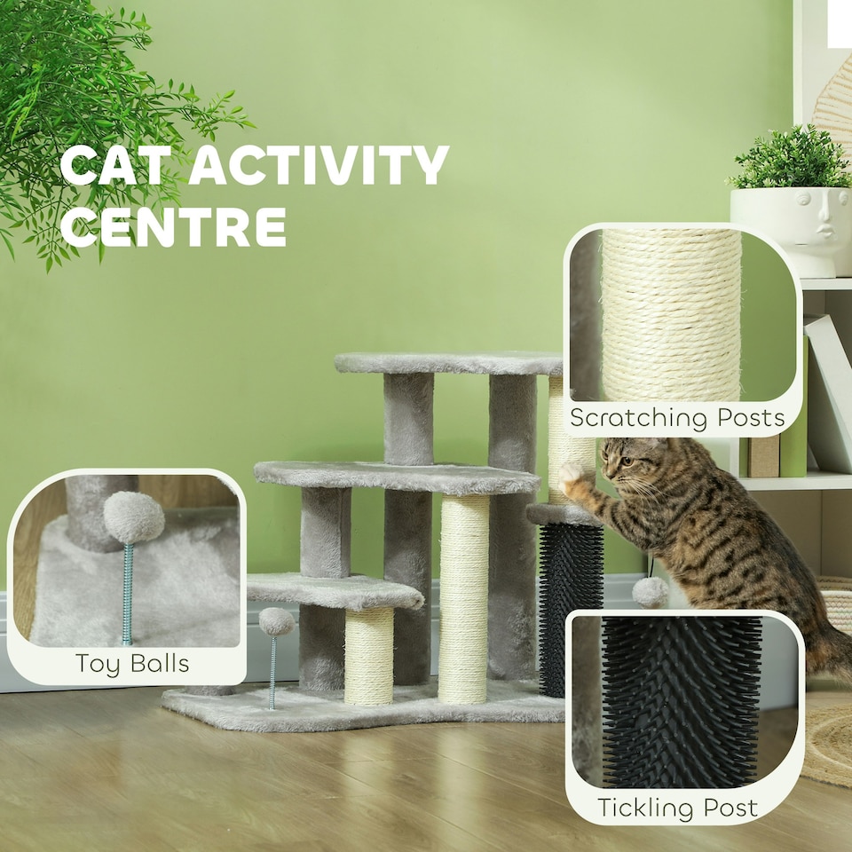 image 1 of PawHut Dog Cat Stairs Pet Steps for Bed Sofa with Scratching Post Light Grey