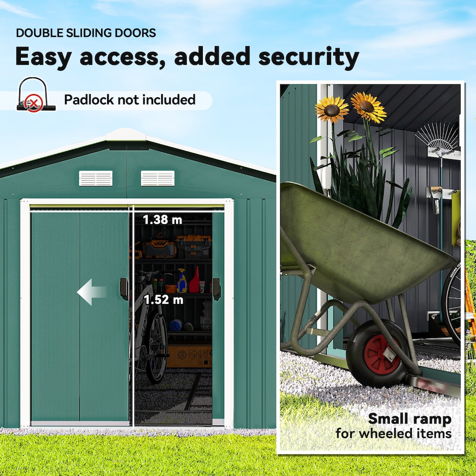 image 1 of Outsunny 13 x 11ft Metal Garden Shed, Outdoor Storage Tool House with Ventilation Slots, Foundation Kit and Lockable Double Doors, Green