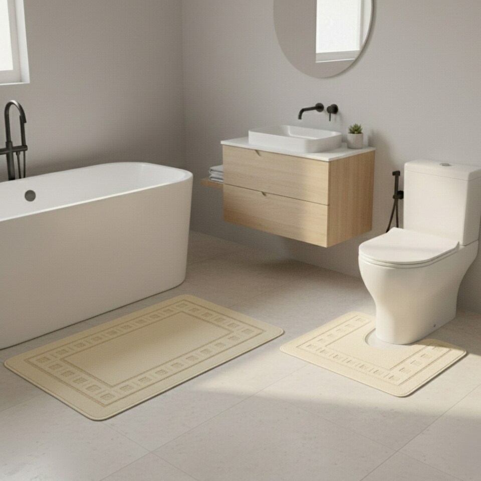 image 1 of 2 Piece Box Design Bath Mat Set Soft Absorbent Non-Slip Bathroom Mats | Cream