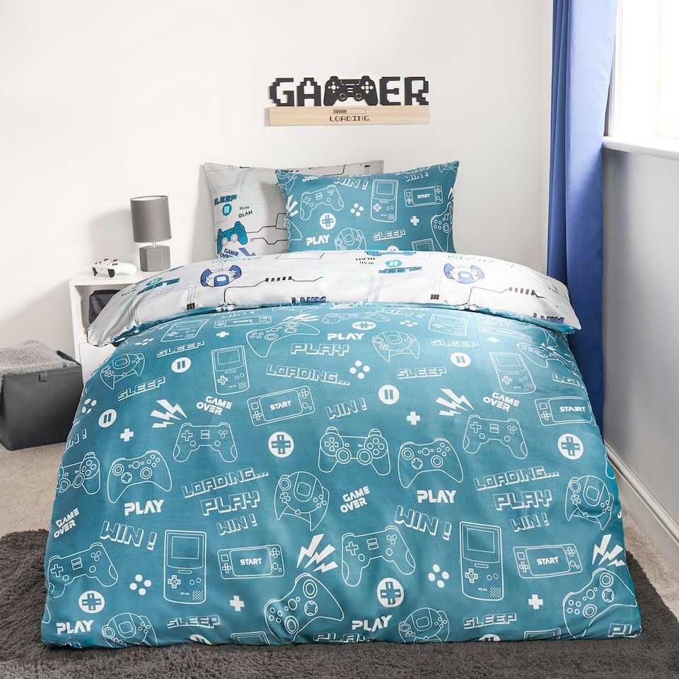 image 1 of OHS Gaming Reversible Microfibre Duvet Cover and Pillowcase Set, Single - Blue/Grey
