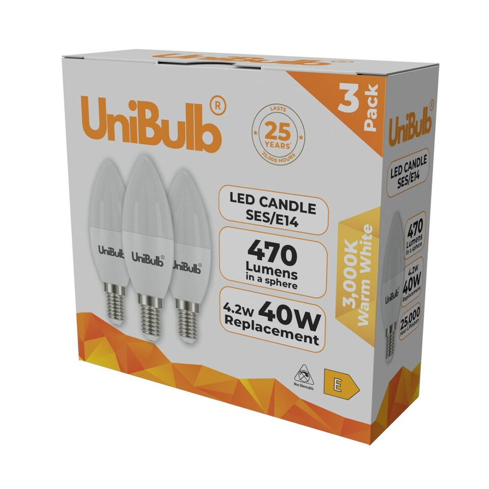 image 1 of UniBulb LED Candle E14 (SES) 470lm 4.2W 3000K (Warm White)  - Pack of 3