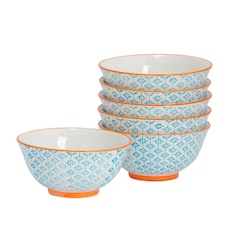 Nicola Spring Hand-Printed Cereal Bowls - 16cm - Blue - Pack of 6 Multi