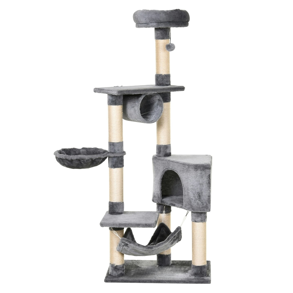 image 1 of PawHut 154cm Cat Tree Tower Multi-level Indoor Scratching Post Light Grey