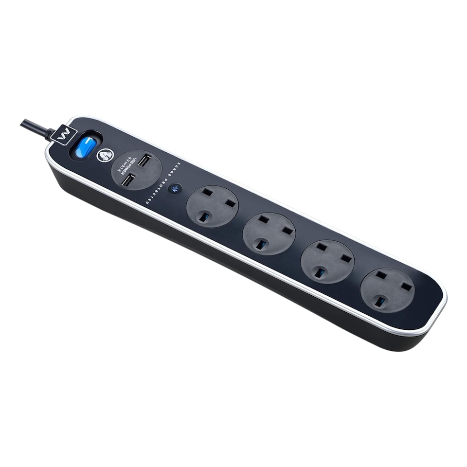 image 1 of Masterplug 4 Socket Surge Protected Power Strip Extension Lead 2 USB Ports 2m Black