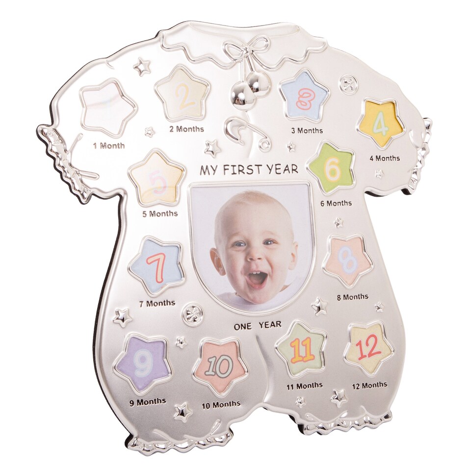 image 1 of Baby Sleep Suit Shape My First Year Matt and Silver Plated Multi Picture Frame