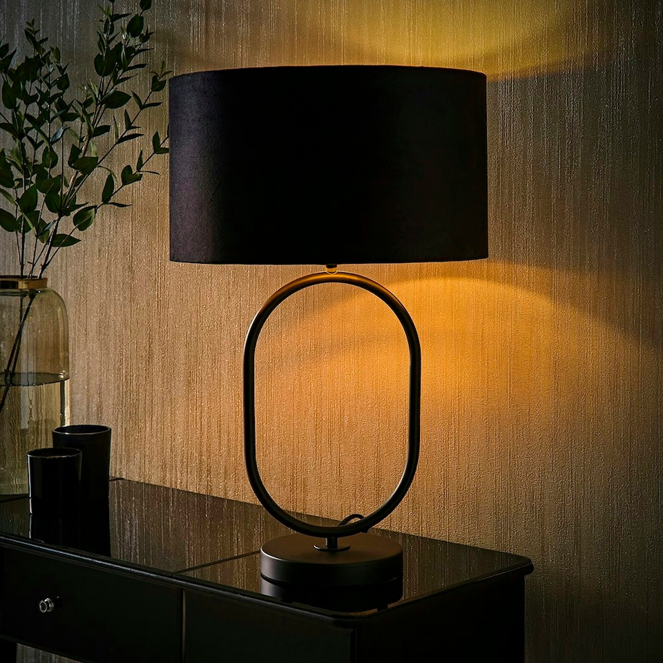 image 1 of ValueLights Antonia Black Velvet and Gold Drum Lamp Shade Matte Black Oval Table Lamp Black