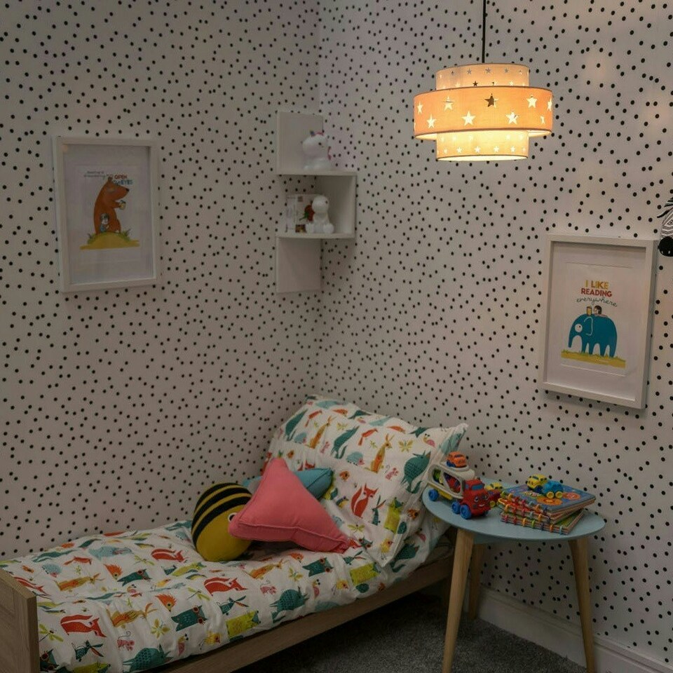 image 1 of ValueLights Pink & Dark Grey Cut Out Star Design Cylinder Ceiling Pendant Light Shade - Complete with a 10w LED GLS Bulb 3000K Warm White