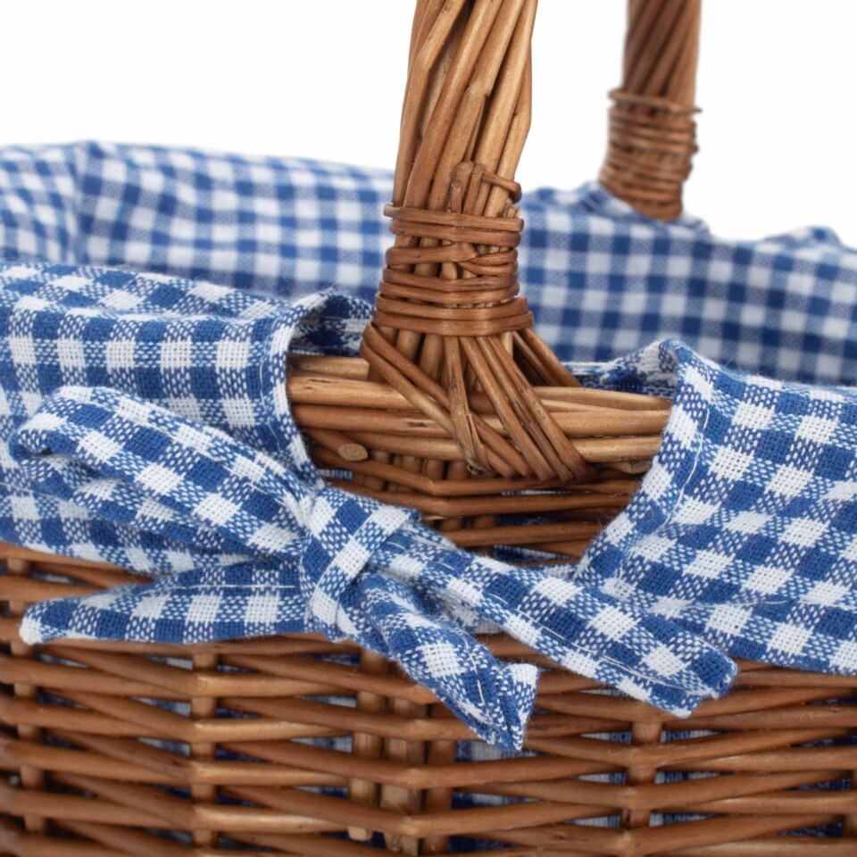 image 1 of Double Steamed Oval Wicker Shopping Basket Blue Checked Lining | Black | Black