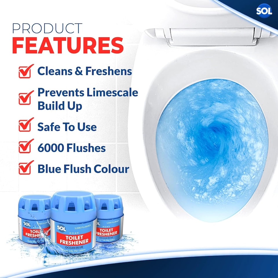 image 1 of 6pk x 70g Toilet Fresheners – Ocean Scented Blue Cistern Blocks, Lasts 1000 Flushes, Prevents Limescale & Cleans for Fresh Bathroom Air