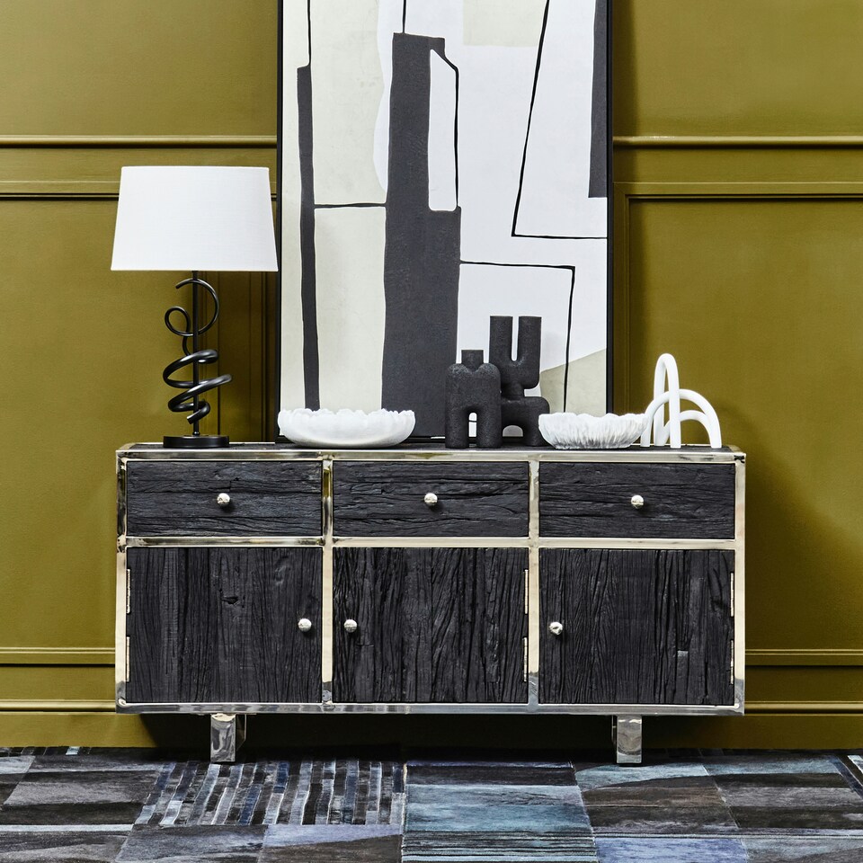 image 1 of Interiors by Premier Black Sideboard, Matte Black 3‑Door Buffet Storage Unit, Contemporary Wooden Sideboard for Dining Room Black