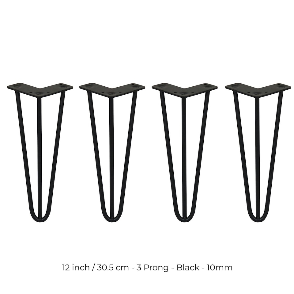 image 1 of 4 x 12" Hairpin Legs - 3 Prong - 10mm - Black Black