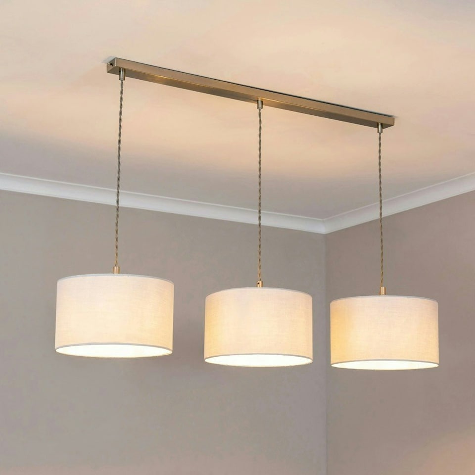 image 1 of ValueLights Reni White Drum Shade 3 Drop Bar Chrome Diner Ceiling Pendant Light with Bulbs Silver