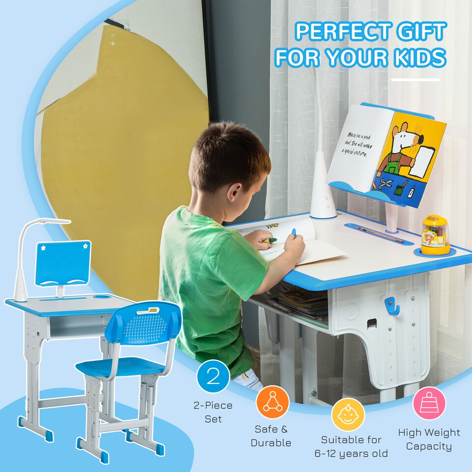 image 1 of HOMCOM Kids Desk and Chair Set with Drawer, Book Stand, Pen Slot