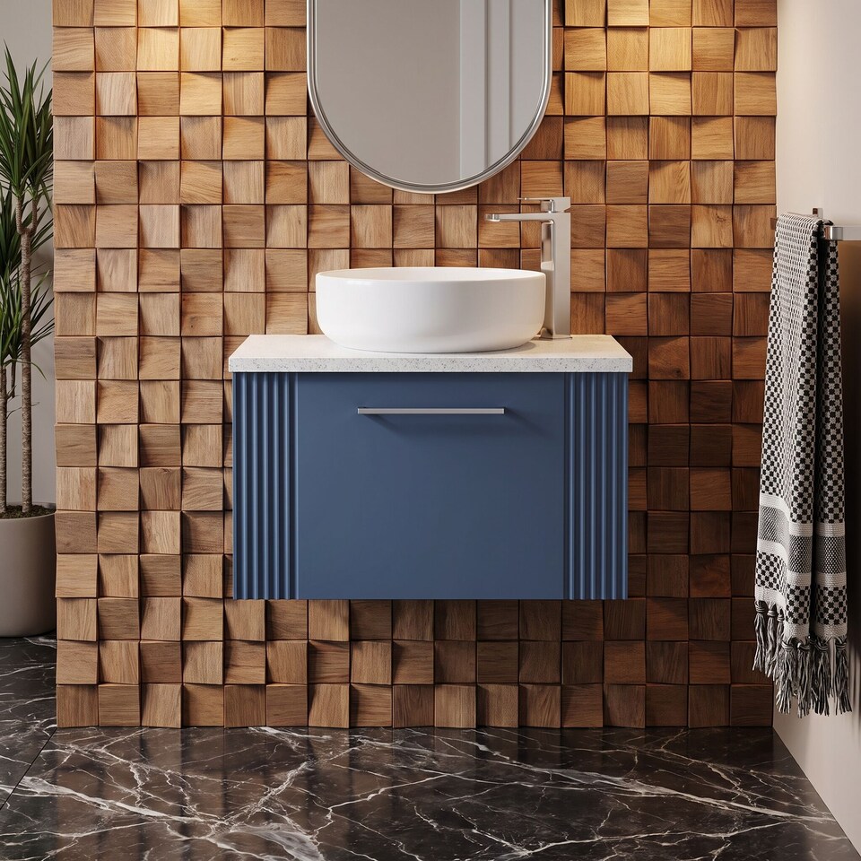 image 1 of Balterley Partial Fluted 1 Drawer Wall Hung Vanity Unit with Sparkling Laminate Worktop | Blue | Satin Blue