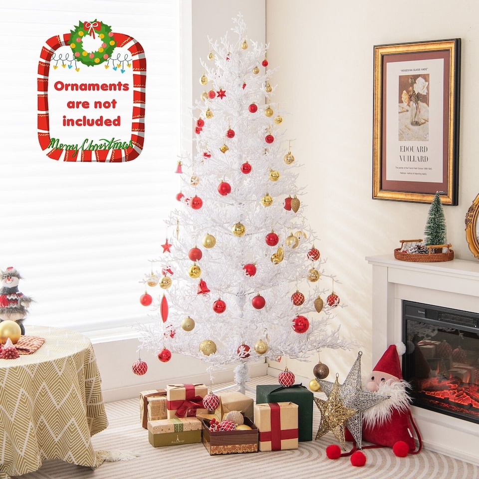 image 1 of COSTWAY 6FT Pre-lit Artificial Xmas Tree Hinged Christmas Tree with 383 Snow Branch