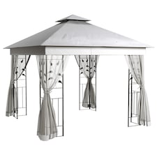 Outsunny 3m x 3m Garden Gazebo, Double Roof Outdoor Gazebo Canopy Shelter with Netting, Solid Steel Frame, for Garden, Lawn and Deck, Light Grey