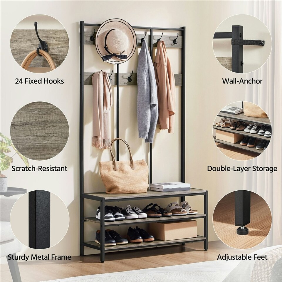 image 1 of Yaheetech Industrial Hallway Rack with Bench & Shoe Storage Grey | One Size