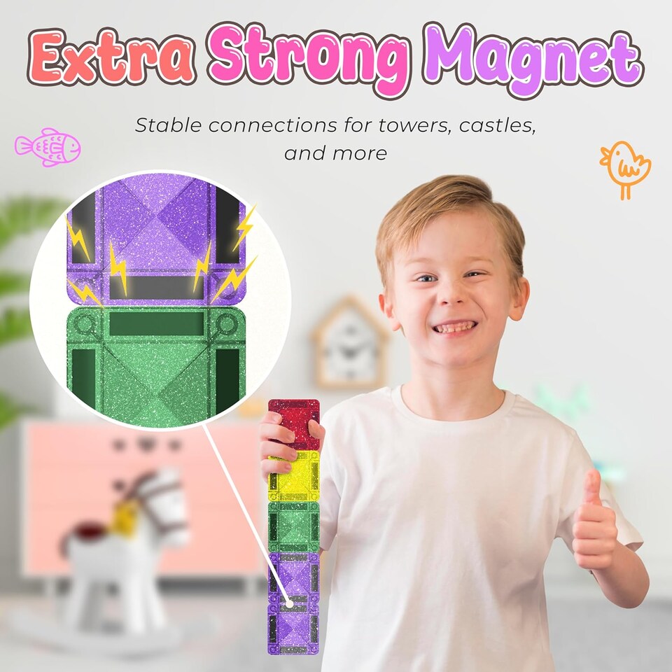 image 1 of Desire Deluxe Micro Magnetic Tiles Building Blocks Toy STEM Educational Travel Size Magnetics Blocks for Kids, Preschool Sensory Montessori Toddler Magnetic Toys for Boys & Girls 3 plus Years Old 18PCS Glitter