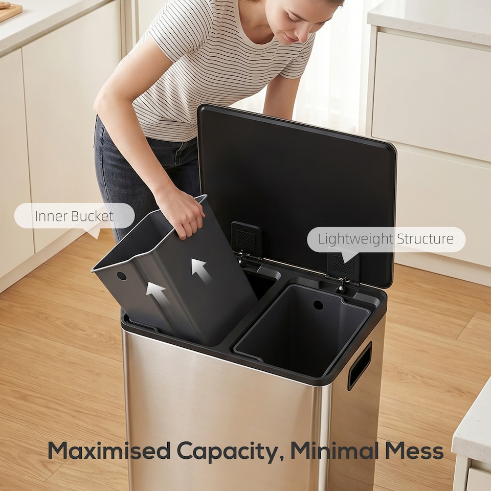 image 1 of HOMCOM 2 x 30L Double Kitchen Bin, Pedal Bin with Soft-Close Lid, Silver