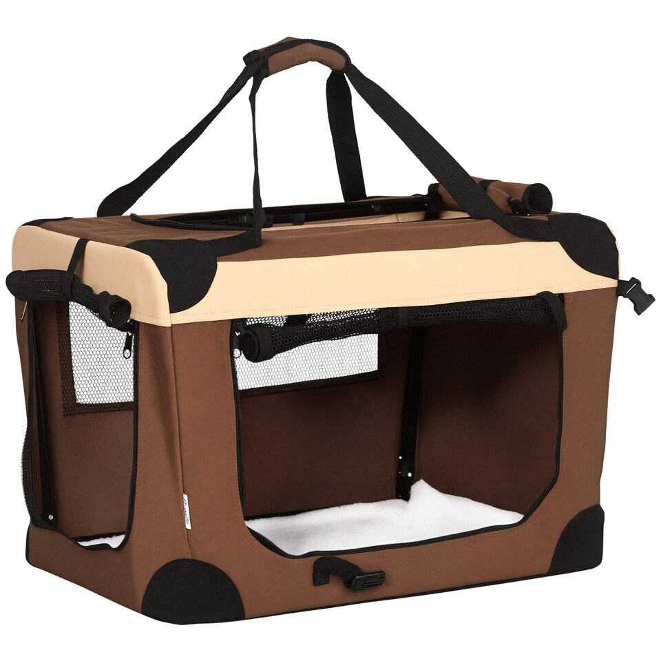 image 1 of PawHut 60cm Foldable Pet Carrier Bag Soft Travel Dog Crate for Mini Dogs Brown