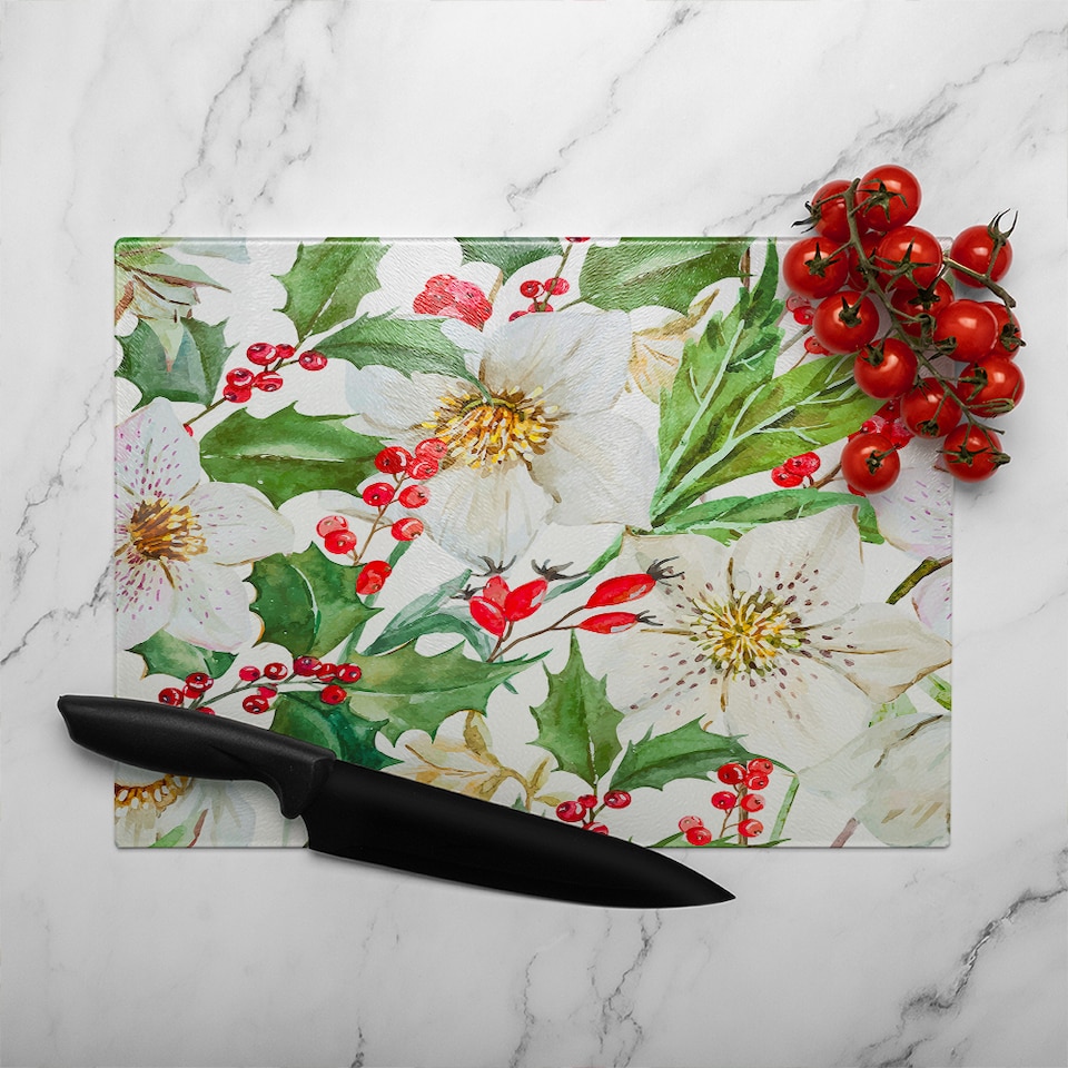 image 1 of Watercolour Christmas Pattern Glass Chopping Board | Multi