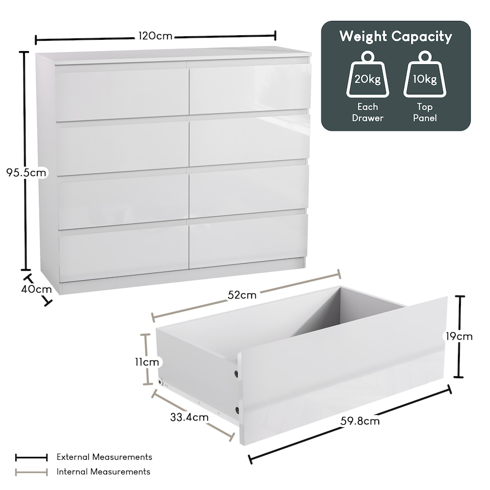 image 1 of Vida Designs Glinton 3 Piece FSC Certified Bedroom Set (2 Drawer Bedside Chest, 8 Drawer Chest, 3 Door 2 Drawer Wardrobe), White | White | White | L | 3