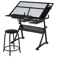 Yaheetech Height Adjustable Glass Drafting Table & Stool Set For Artists | Black