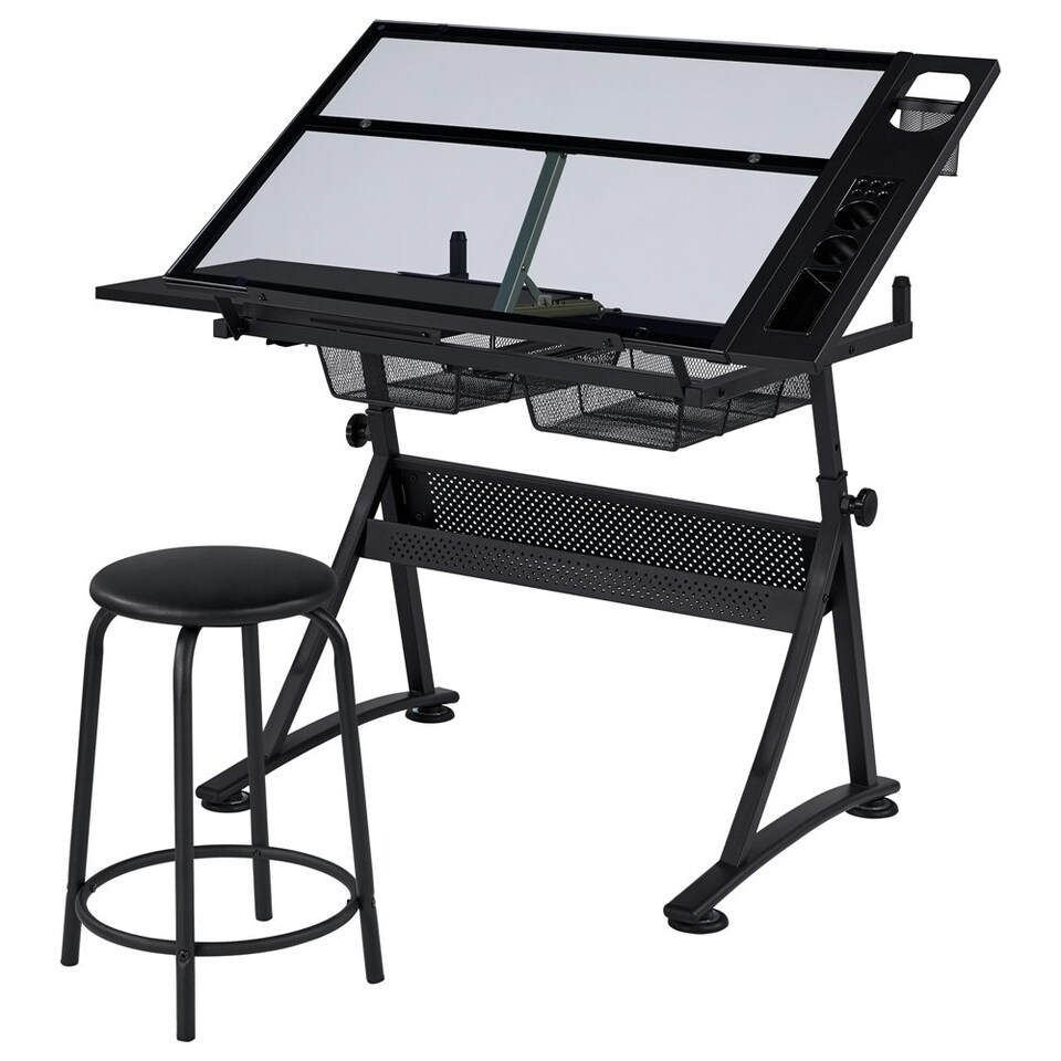 image 1 of Yaheetech Height Adjustable Glass Drafting Table & Stool Set For Artists | Black