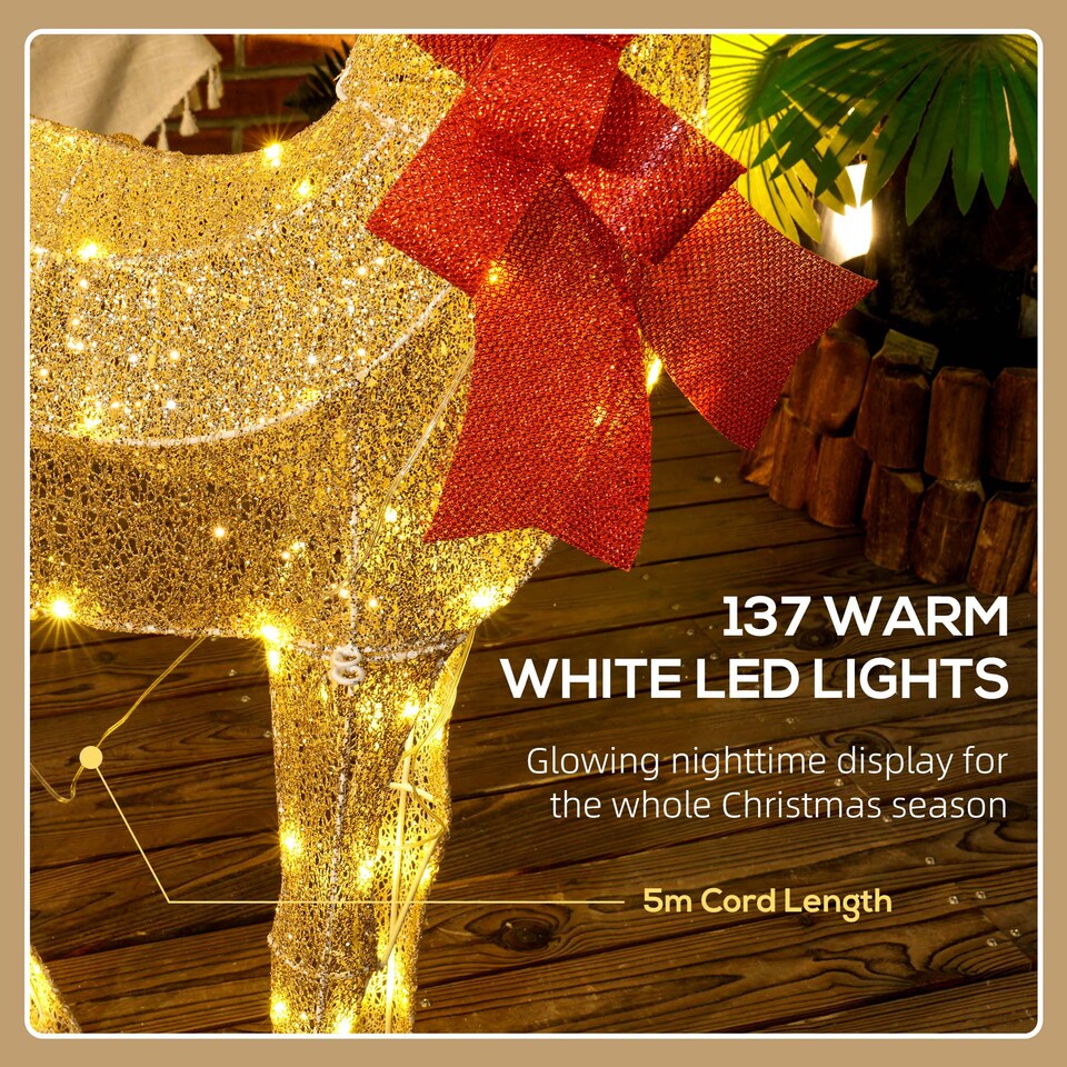 image 1 of Outsunny Lighted Reindeer Christmas Decoration w/ Stakes Zip Ties Gold Tone
