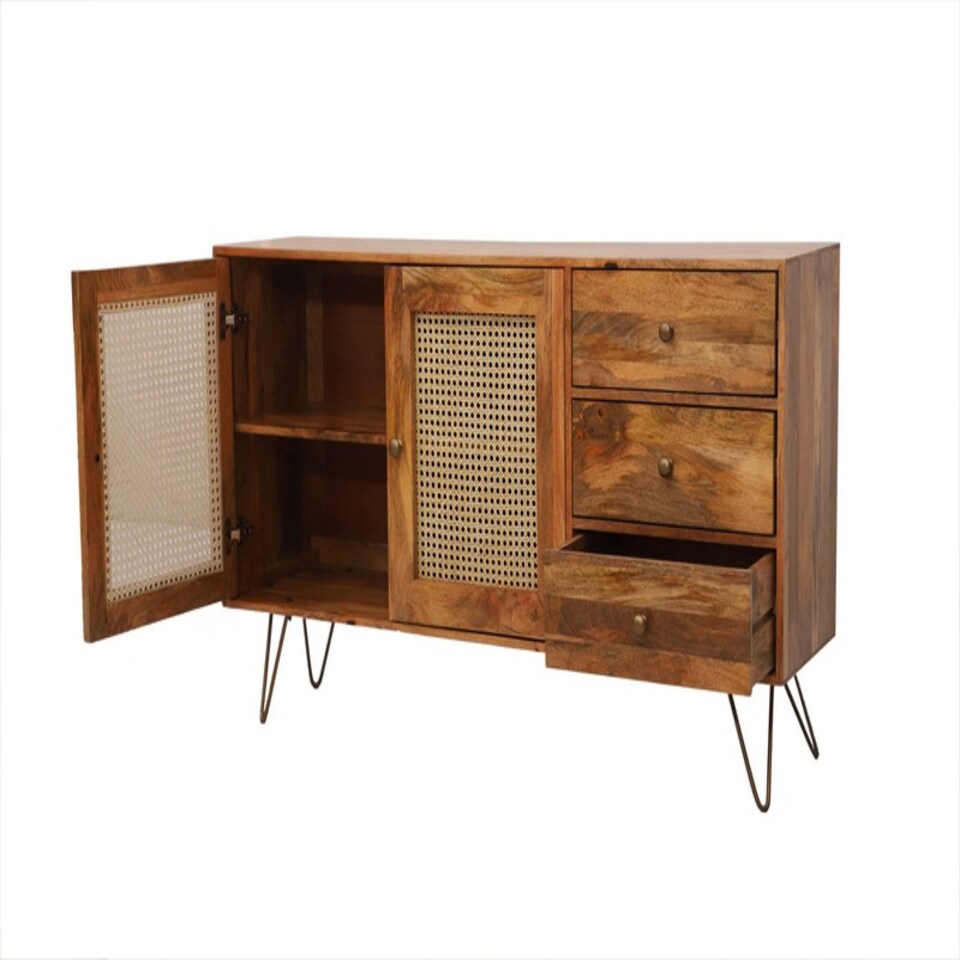 image 1 of Nyack Large Sideboard - Mango Wood/Iron - L40 x W145 x H80 cm - Light Brown with Natural Rattan - Assembly Required | Brown
