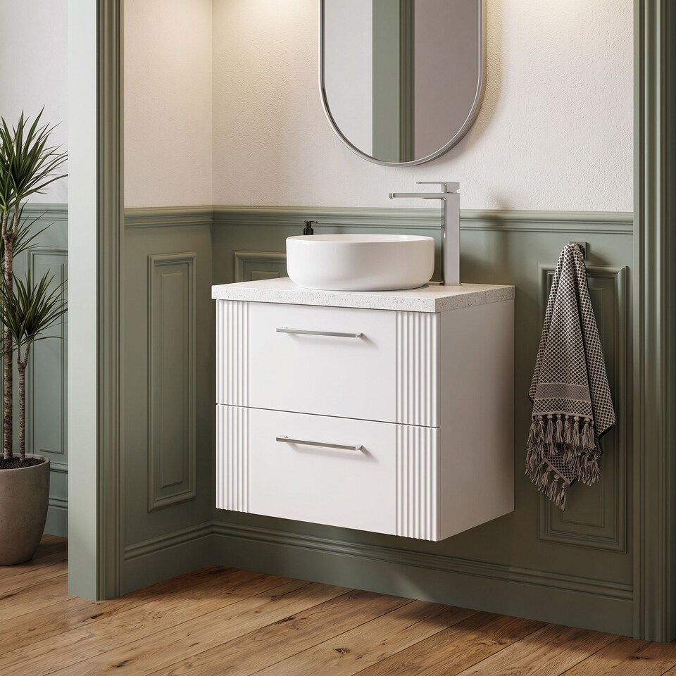 image 1 of Balterley Partial Fluted 2 Drawer Wall Hung Vanity Unit with Sparkling Laminate Worktop | White | Satin White