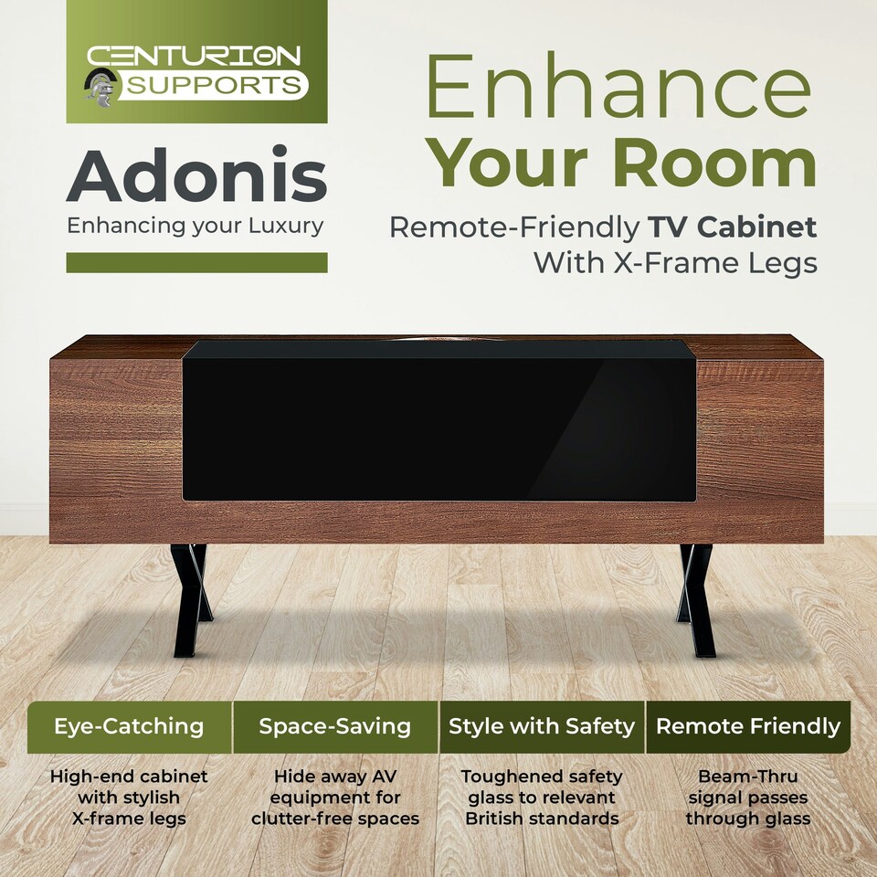 image 1 of Centurion Supports ADONIS Walnut with Black Contrast Beam-Thru Remote Friendly Door 26"-55” Flat Screen TV Cabinet Brown | Black