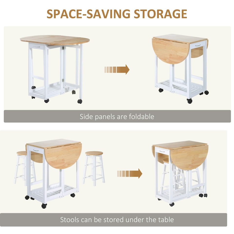 image 1 of HOMCOM 3pc Wooden Kitchen Cart Trollet Table Folding Stools Space-saving