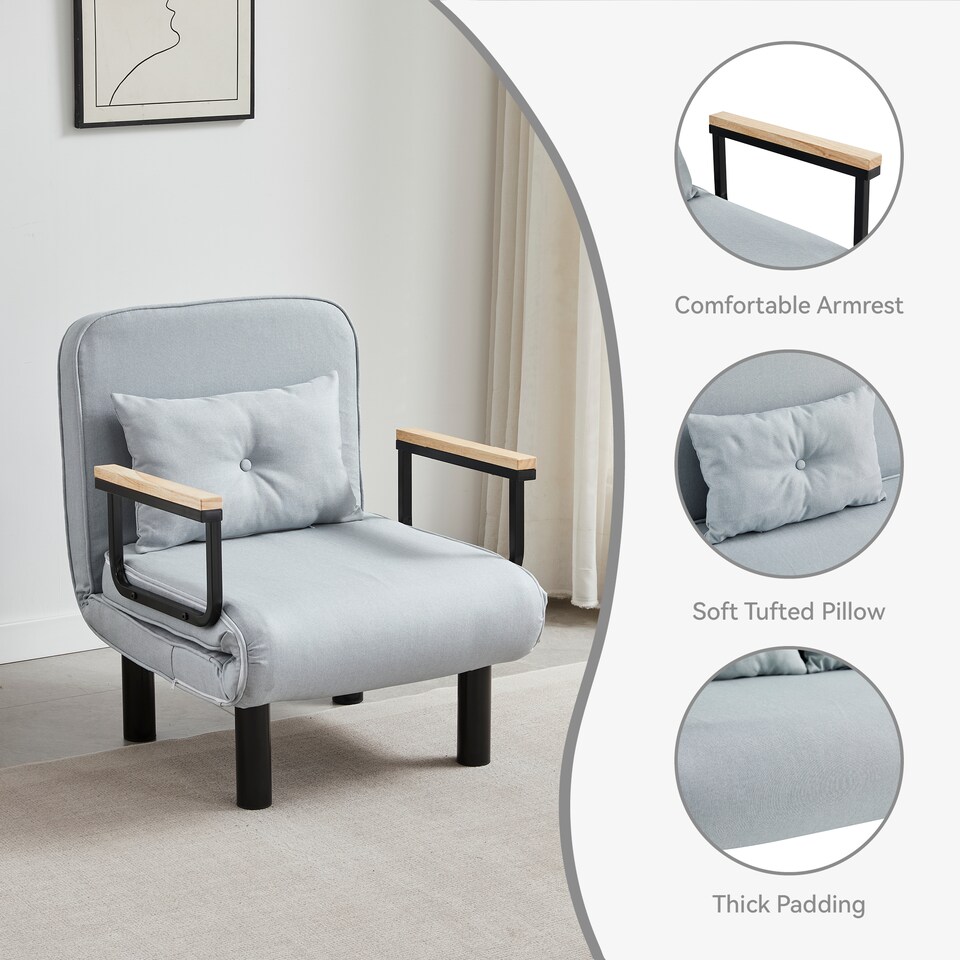 image 1 of 4 in 1 Folding Single Sofa Bed Convertible Lounge Sleeper Chair with Adjustable Backrest and Large Cushion Light Grey