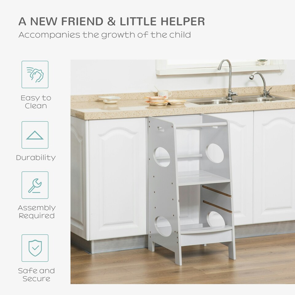 image 1 of HOMCOM Kids Step Stool Toddler Kitchen Stool w/ Adjustable Standing Platform White