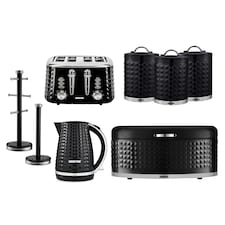 GEEPAS Electric Kettle, 4 Slice Bread Toaster, Set of 3 Tea Coffee Sugar Canister, Bread Bin, Mug Tree & Towel Pole Set Black