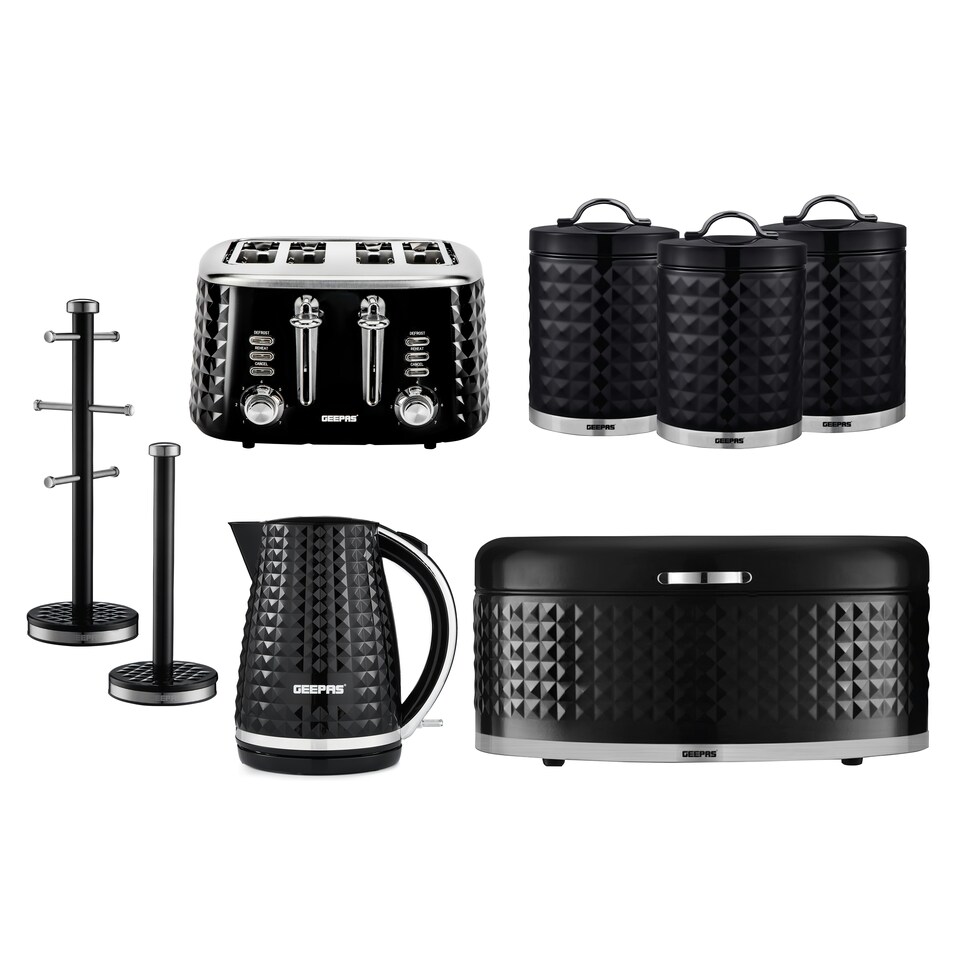 GEEPAS Electric Kettle, 4 Slice Bread Toaster, Set of 3 Tea Coffee Sugar Canister, Bread Bin, Mug Tree & Towel Pole Set Black