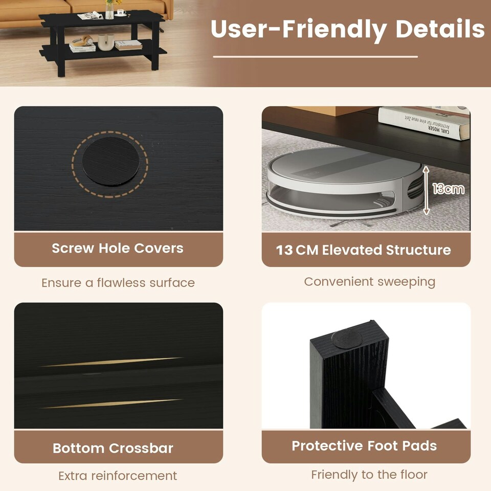 image 1 of COSTWAY 2-Tier Coffee Table Slatted Wood Center Table Black Black
