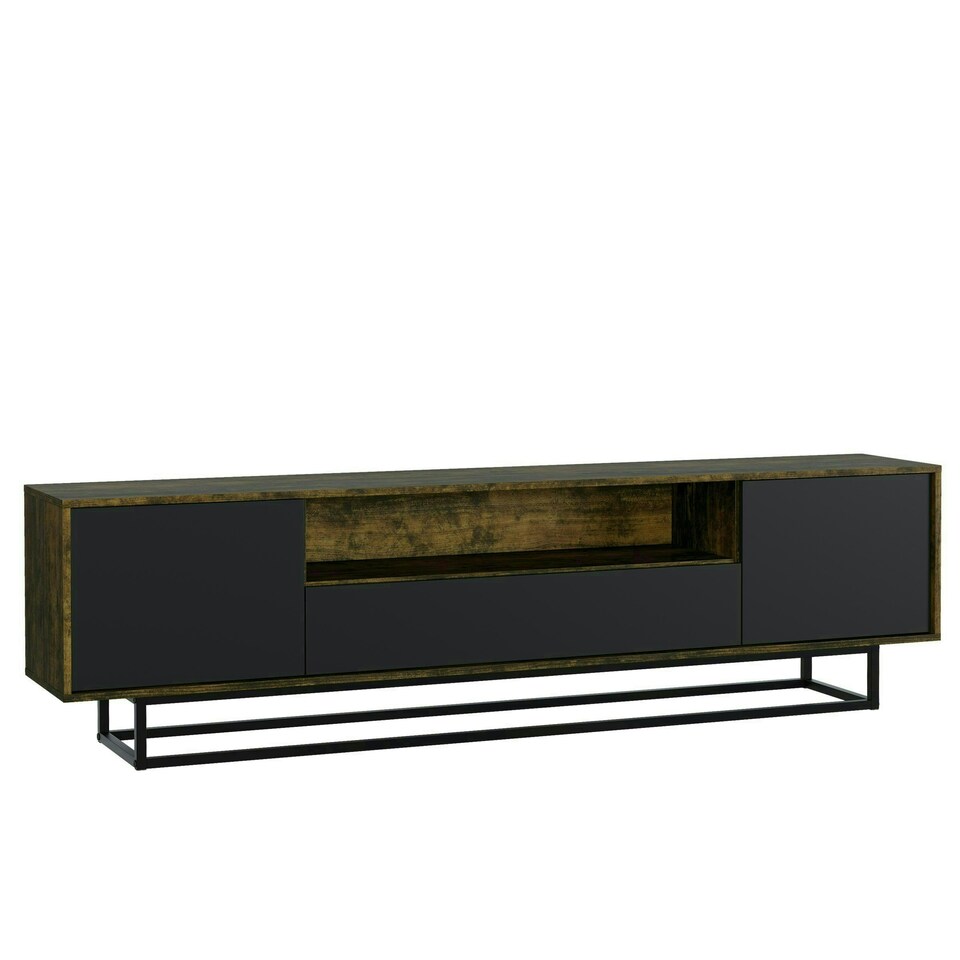 image 1 of TV Unit 200cm Rustic Industrial Oak with Black Doors and Metal Frame | Brown | Black | One Size | 1