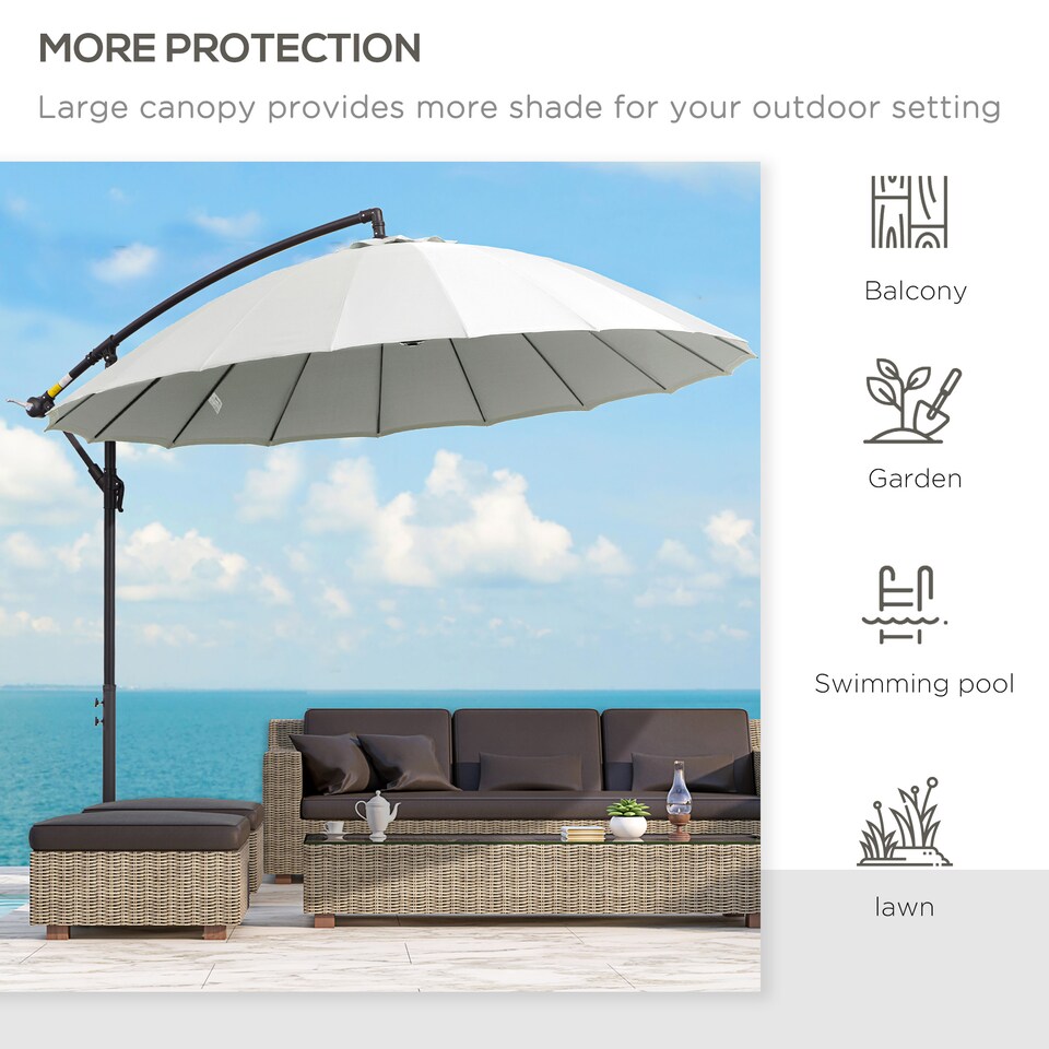 image 1 of Outsunny 3m Cantilever Shanghai Parasol Garden Hanging Banana Sun Umbrella with Crank Handle, 18 Sturdy Ribs and Cross Base, White