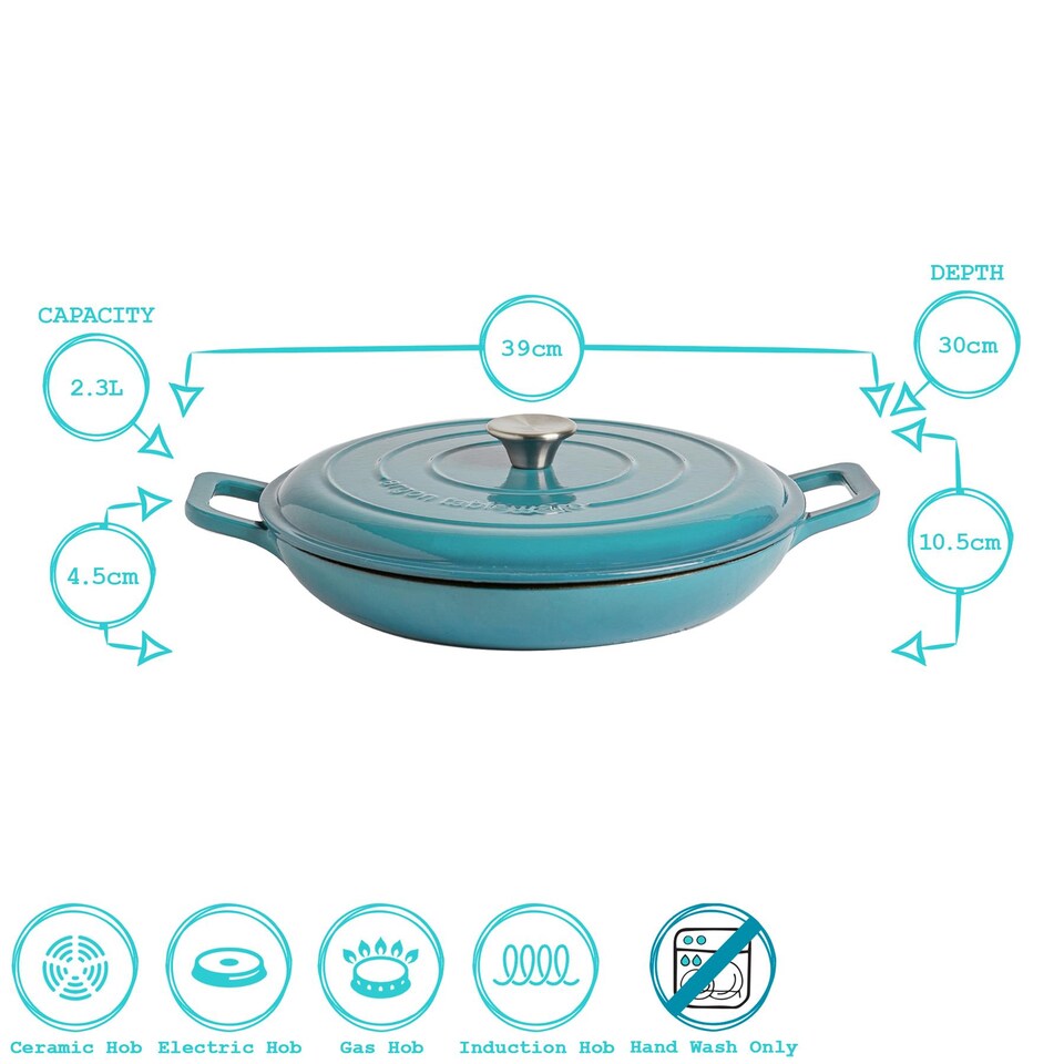 image 1 of Argon Tableware Shallow Casserole Dish - Cast Iron Enameled Dutch Oven - Self-Basting Lid - Hob to Oven - 2.3 Litre | Blue | Teal Ombre | 1
