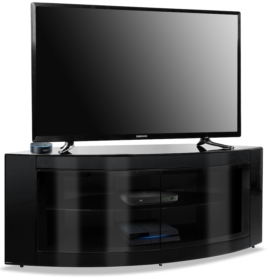 image 1 of Centurion Supports PANGEA Gloss Black Beam-Thru Curved Tru-Corner 32"-50" TV Cabinet | Black | 1