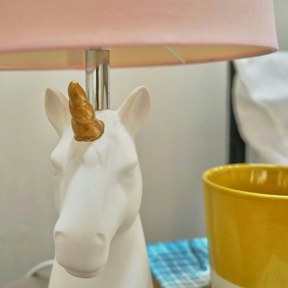 image 1 of ValueLights White and Gold Ceramic Unicorn Table Lamp With Dusty Pink Tapered Light Shade With LED Golfball Bulb In Warm White