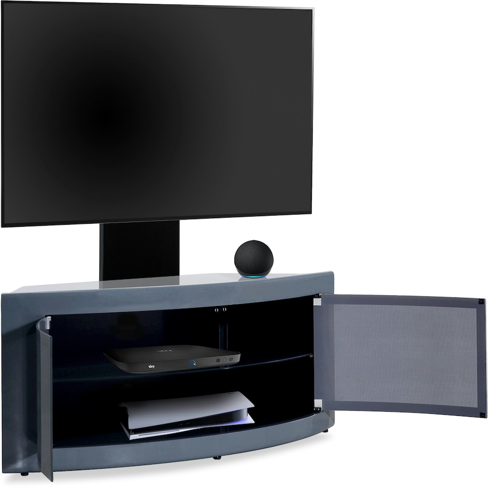 image 1 of Centurion Supports PANGEA Grey Beam-Thru Curved True-Corner 32"-50" TV Cabinet with Mounting Arm Grey