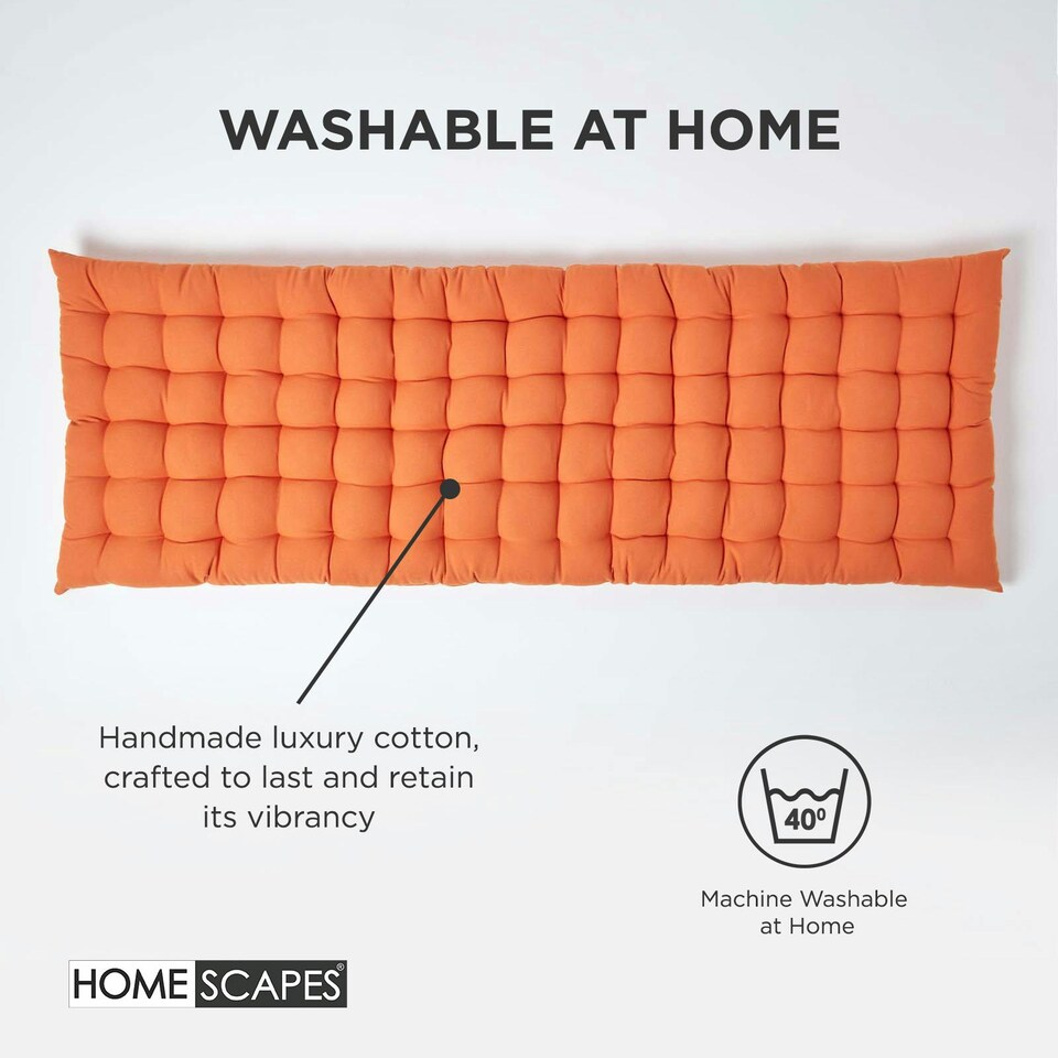 image 1 of Homescapes Garden Bench Cushion Luxury 3 Seater Cotton Indoor Outdoor Seat Pad | Orange | 143 x 48 cm | 1