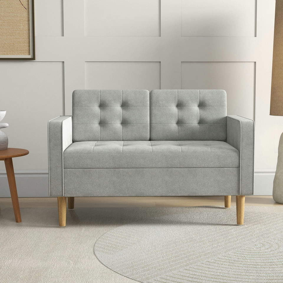 image 1 of HOMCOM Compact Loveseat Sofa 2 Seater Sofa with Wood Legs, Light Grey