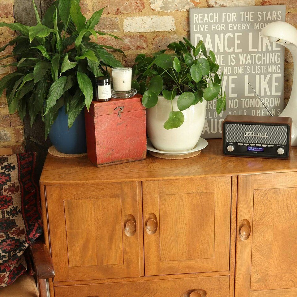 image 1 of Vintage Style Stereo DAB/DAB+ & FM Radio – Grey Wood Cabinet, Bluetooth, Clock Radio Alarm, AUX IN for Smart Phone/Tablet / MP3 Player – Mains or Battery
