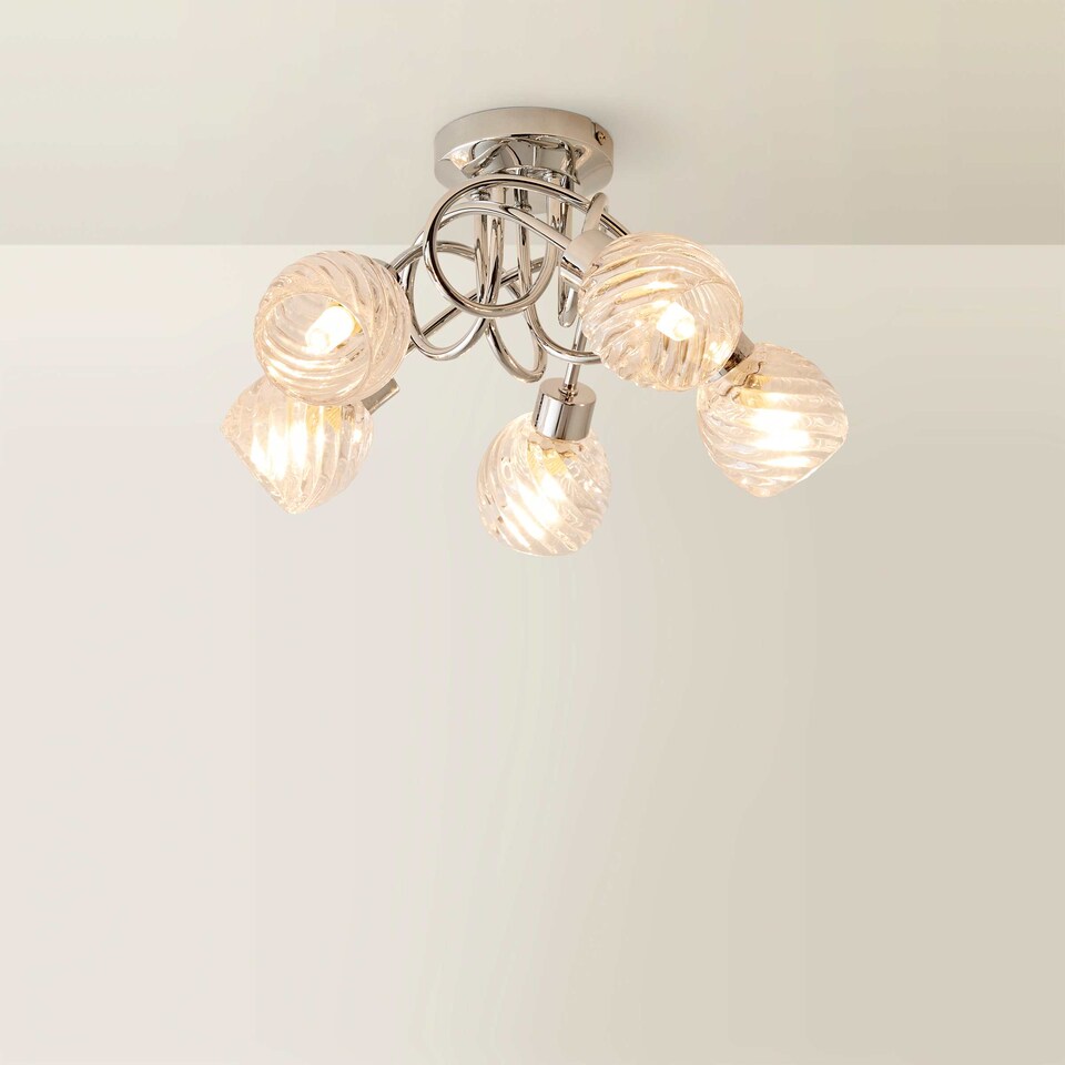 image 1 of ValueLights 5 Way Polished Chrome Curved Arm Flush Ceiling Light With Swirled Glass Shades | Silver